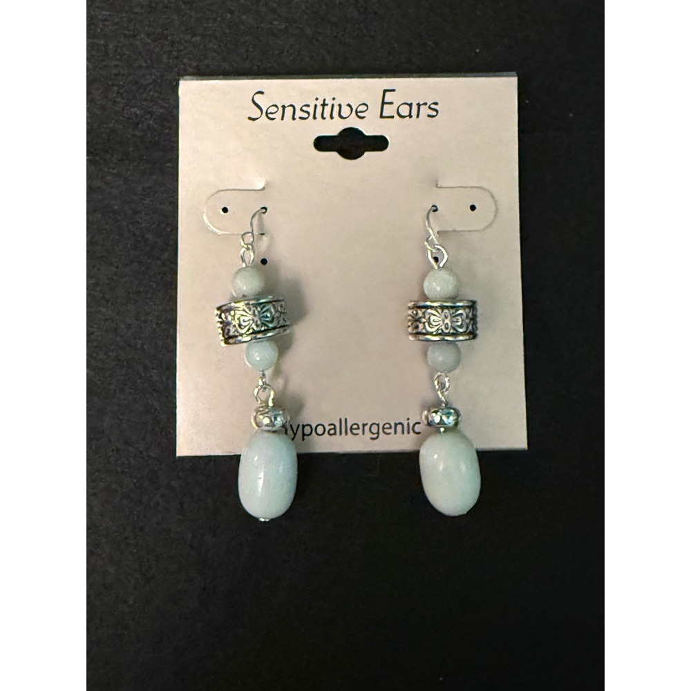Sensitive Ears Dangle Earrings Blue Silver Bead Hypoallergenic Boho Cottage New
